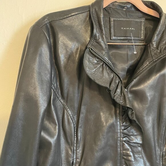 Tahari | Black Lamb Leather Ruffled Leather Jacket XL - Picture 2 of 7